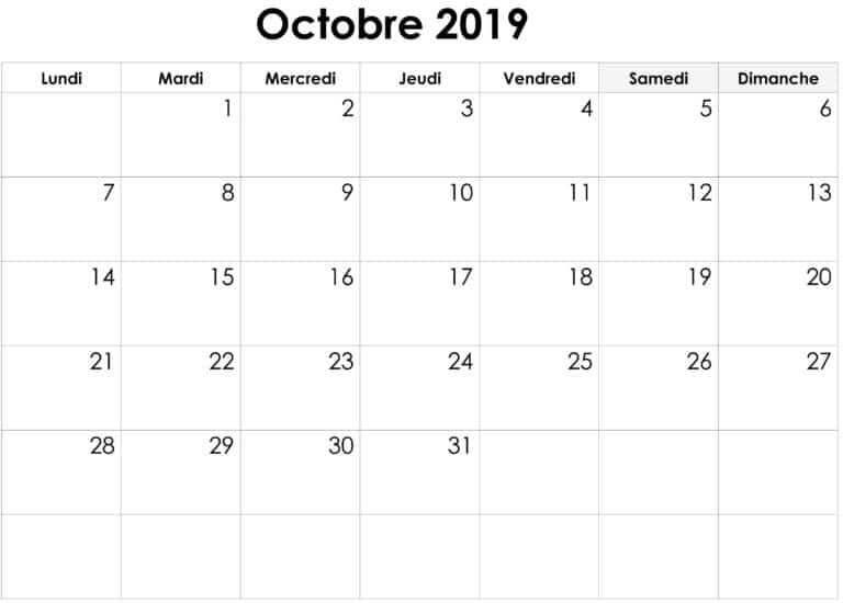 Calendrier Octobre 2019 À Imprimer | Nosovia.com