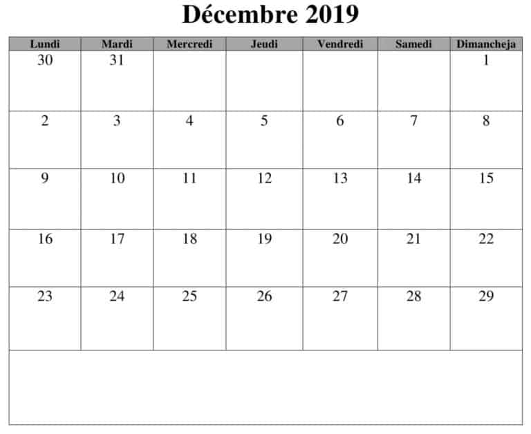 Blanc Calendrier Décembre 2019 À Imprimer PDF | Nosovia.com