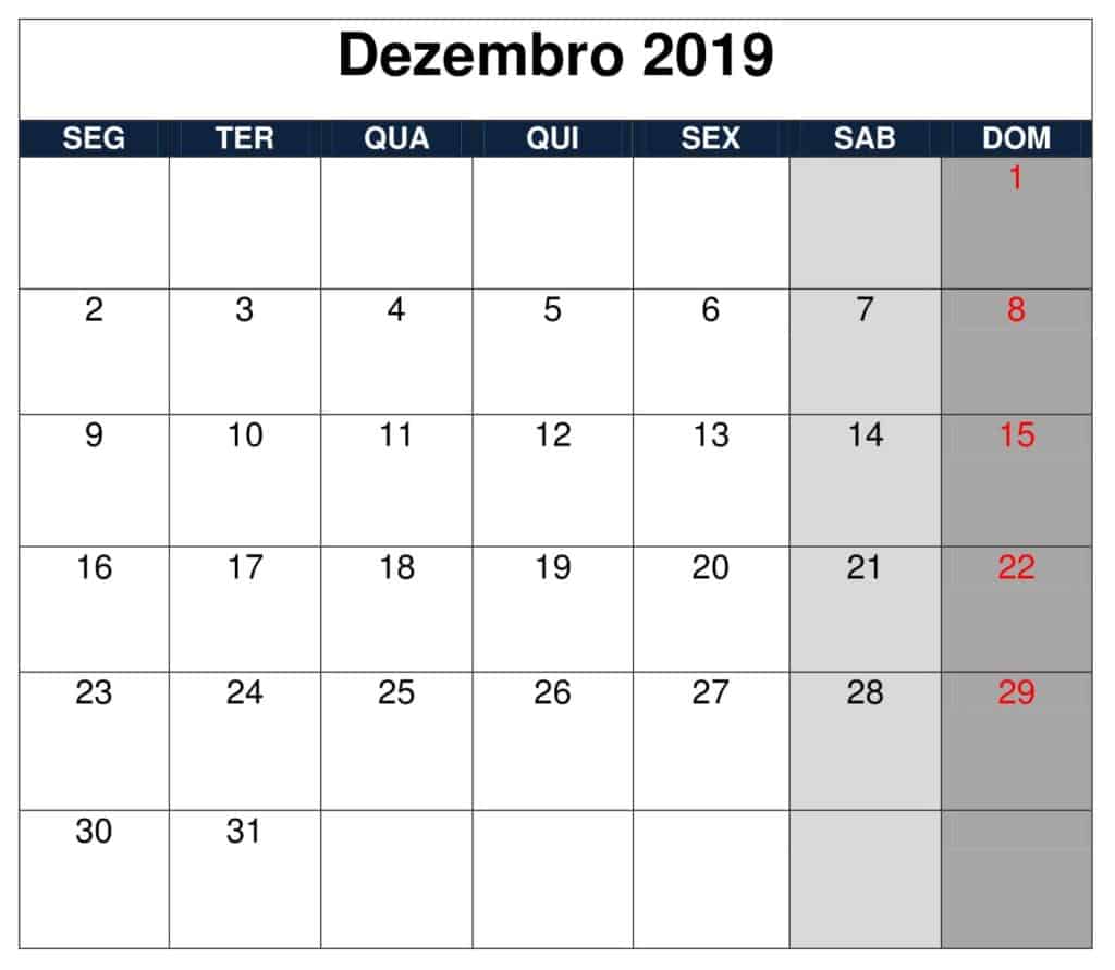 Mês Calendário Dezembro 2019 Imprimir