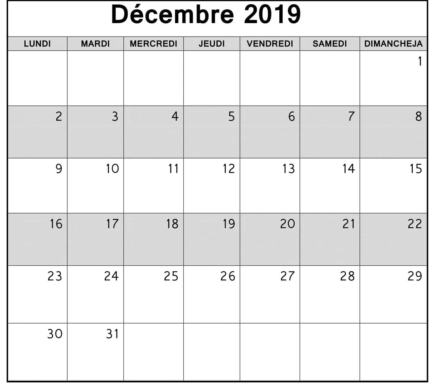 Décembre Calendrier 2019 Avec des vacances | Nosovia.com