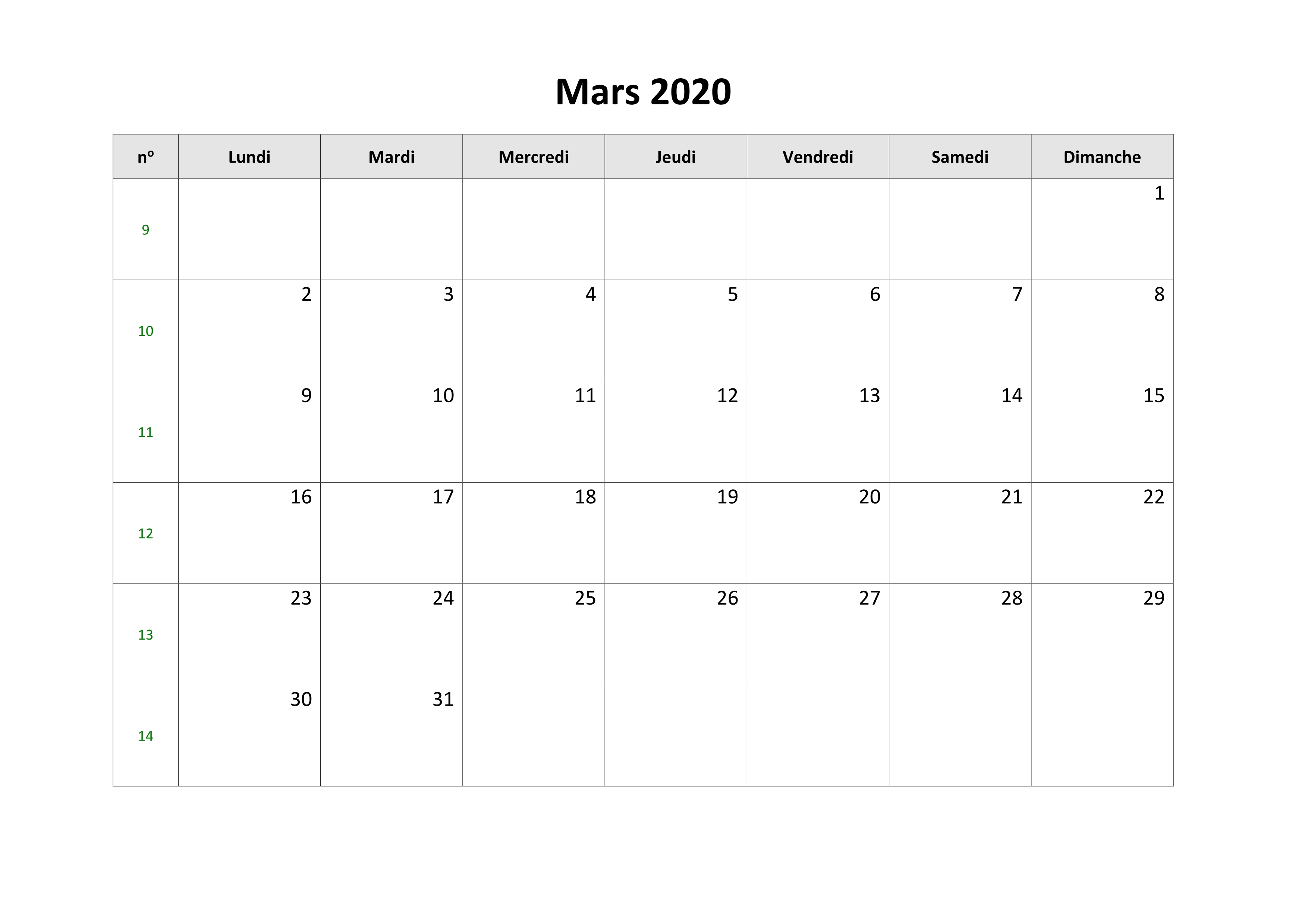 Calendrier Mars 2020 à Imprimer