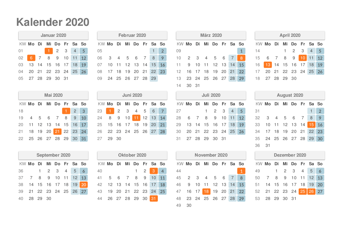 Kalender 2020 Zum Ausdrucken als PDF | Nosovia.com
