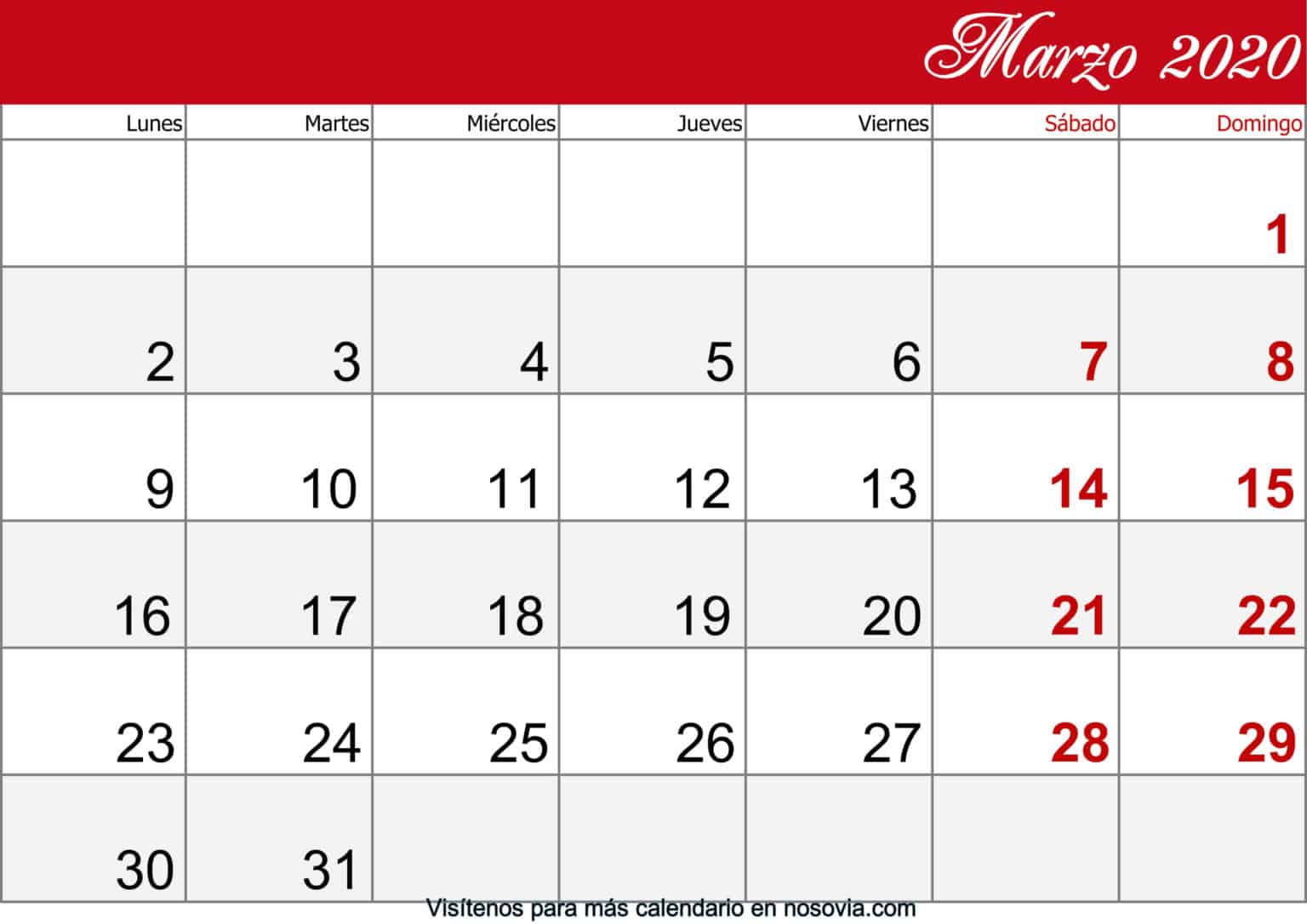 Calendario marzo 2020 Con Festivos Imprimir | Nosovia.com