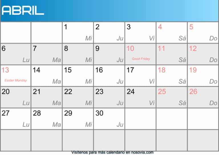 Calendario Abril 2020 Con Festivos Imprimir | Nosovia.com