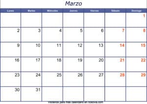 Calendario marzo 2020 con festivos para imprimir