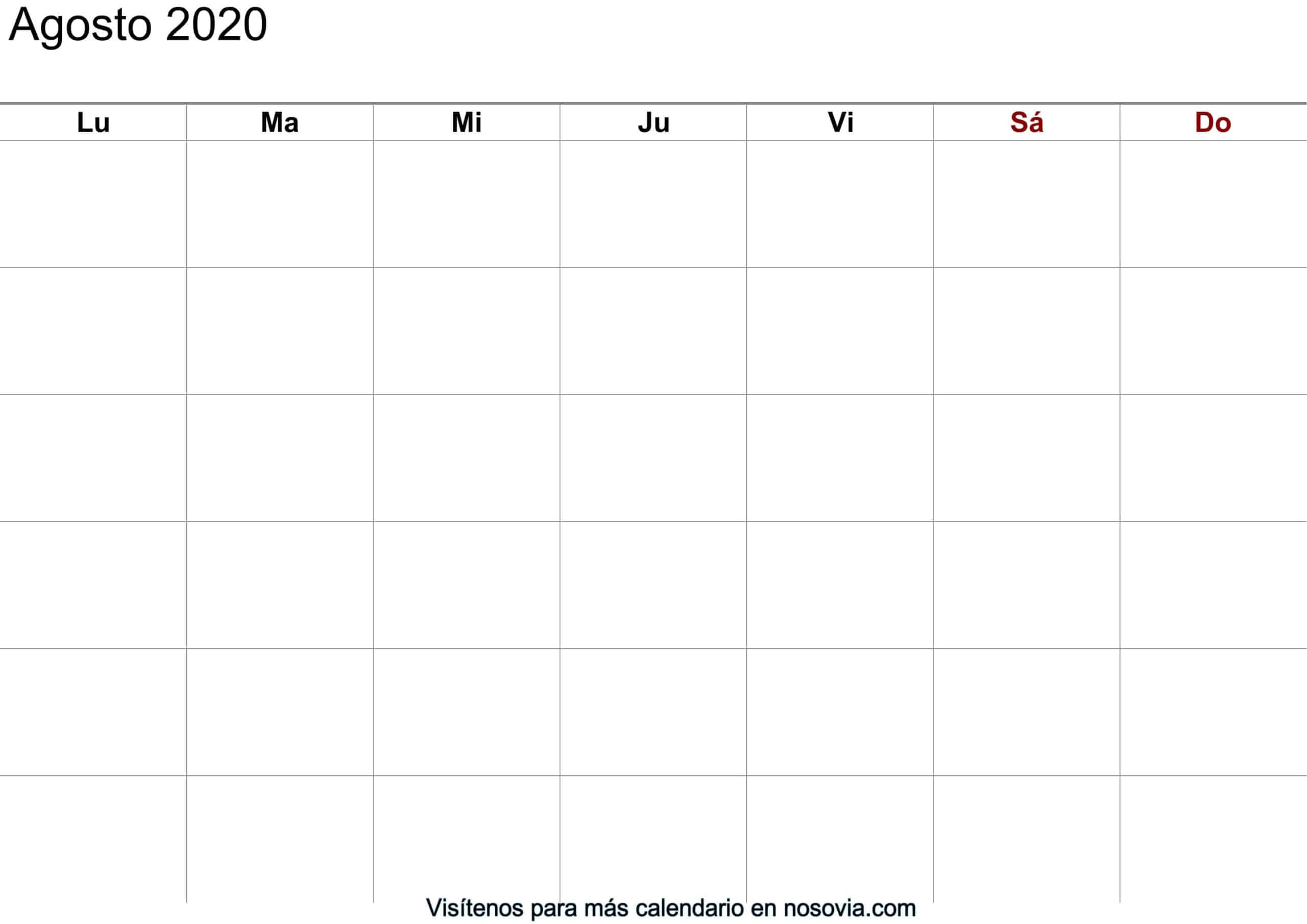 Calendário Agosto 2020 para imprimir - Estados Unidos