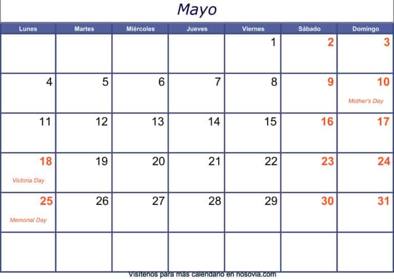 Calendario mayo 2020 Con Festivos Imprimir gratis | Nosovia.com