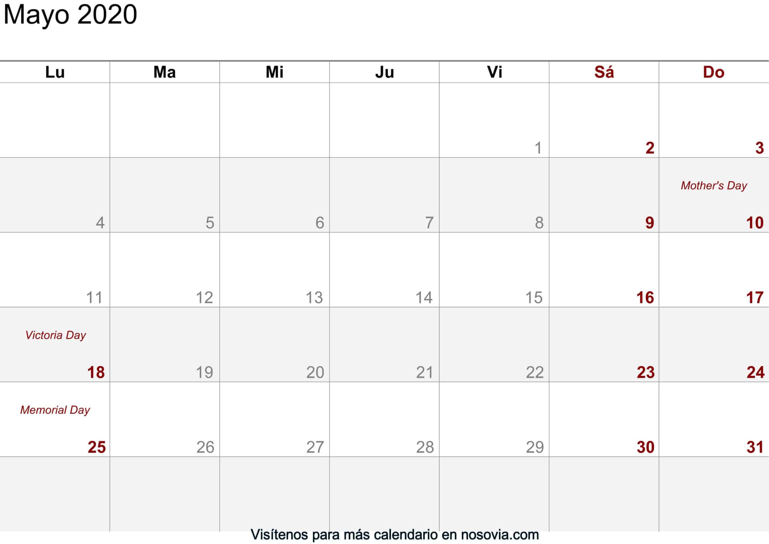 Calendario mayo 2020 Con Festivos Imprimir gratis | Nosovia.com