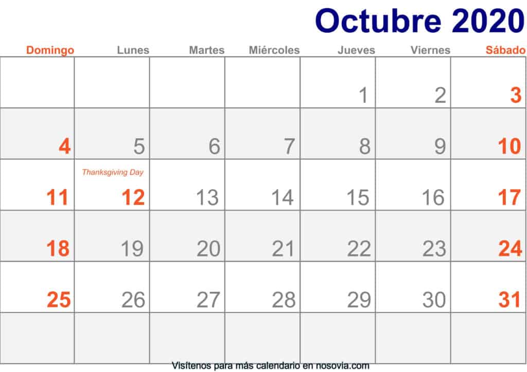 Calendario Octubre 2020 Imágenes Para Imprimir 